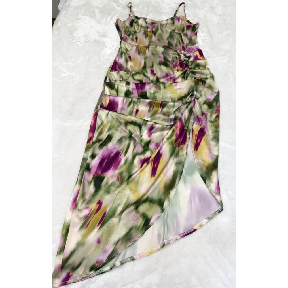 CIDER Watercolor Satin Ruched Asymmetrical Bodycon Midi Dress – Size Small